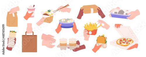 Take out food to home. Takeaway salad, sandwich and pizza. Hands holding paper containers with various meals, coffee to go racy vector clipart