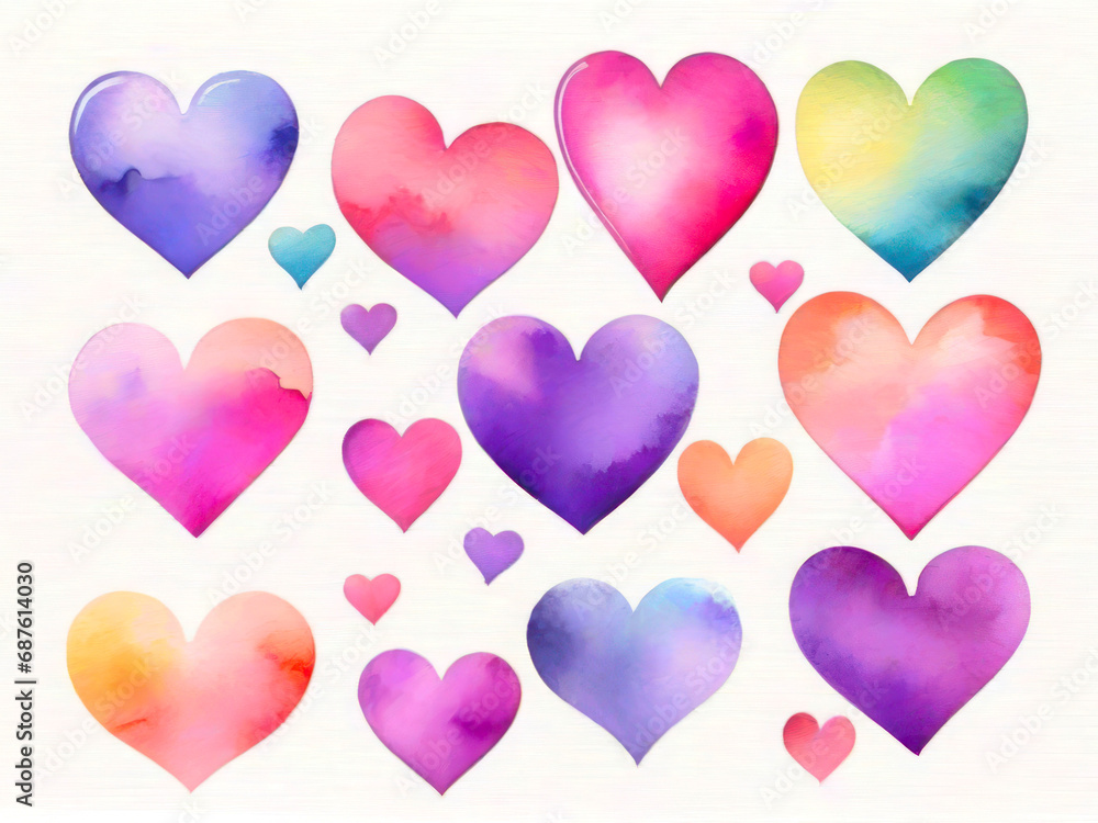 Clipart set of multicolored watercolor gradient hearts of different colors and sizes. Beautiful elements isolated on a white background.
