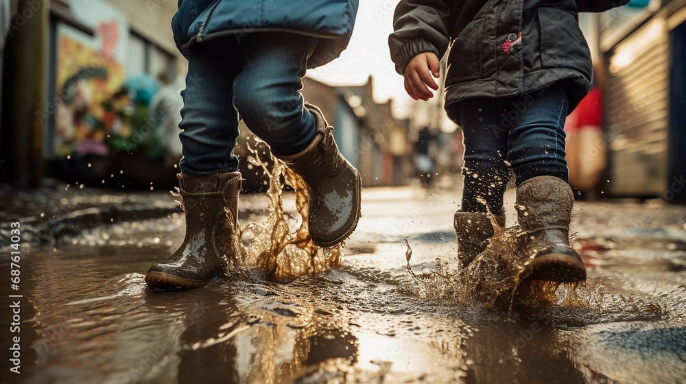 Two children with wellies stepping into puddles - obrazy, fototapety, plakaty 