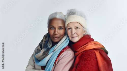 Two older women bundled up, on a white background