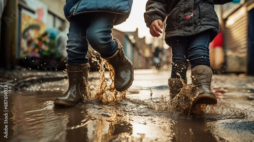 Two children with wellies stepping into puddles photo