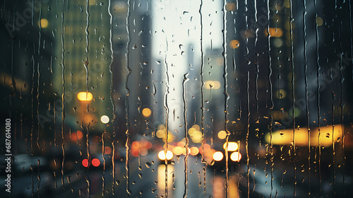 Blurred city through a rain-wet window