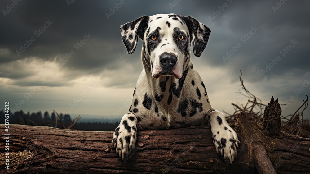 Dalmatian dog sitting on a fallen tree