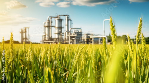 Wheat field with biofuel plant in the background. Sustainable energy production through organic sources.
