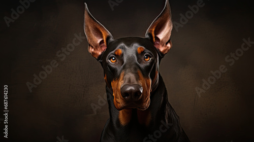 Portrait of a black dog. Doberman in a studio