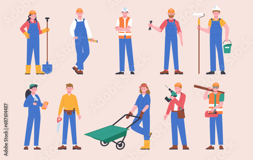 Cartoon builders, construction workers in uniform. Builder female and male characters holding shovel, roller and wheelbarrow. Splendid vector set