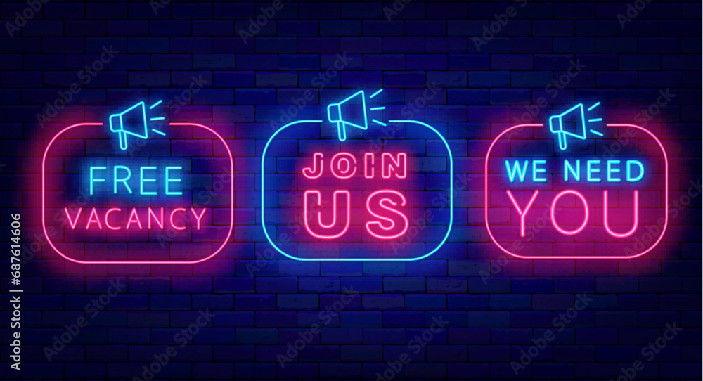 Join us. Megaphone with frame. Free vacancy neon labels collection. We need you. Vector stock illustration