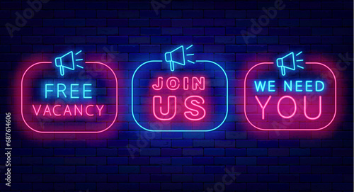 Join us. Megaphone with frame. Free vacancy neon labels collection. We need you. Vector stock illustration