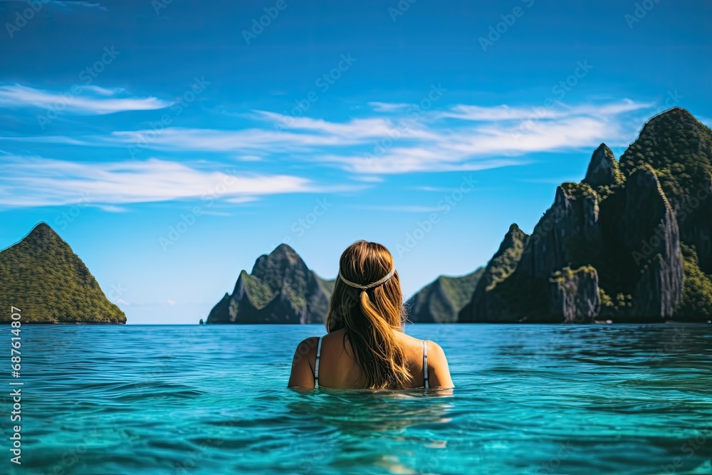 Young woman in bikini enjoying the beauty of the tropical island of Phi Phi, Thailand, Young woman swimming in clear sea water in lagoon and looking at beautiful landscape. Travelling, AI Generated