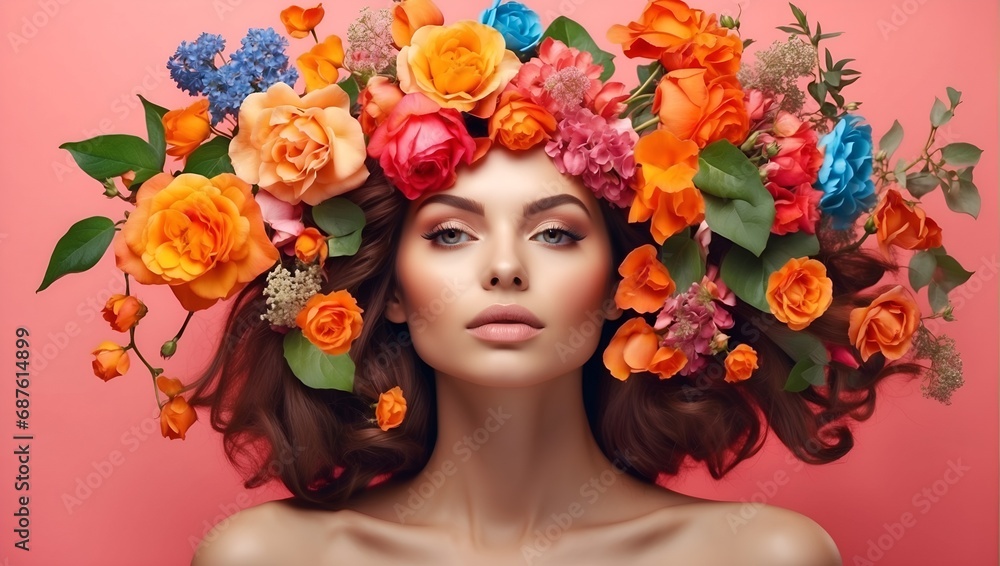 Beautiful girl with flowers. Stunning brunette girl with big bouquet flowers of roses. Closeup face of young beautiful woman with a healthy clean skin. Pretty woman with bright makeup