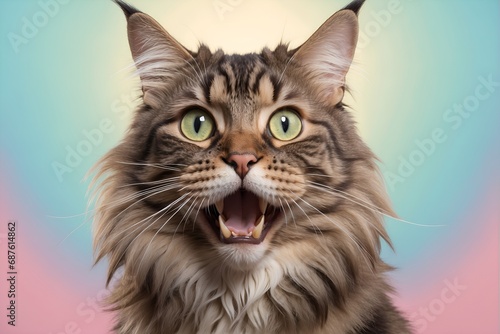 Creative animal concept, maine coon cat taking a selfie, solid pink pastel background, commercial, editorial advertisement. Very funny portrait	
