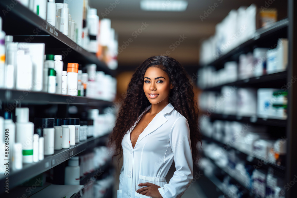 African American female pharmacist. Healthcare and medicine background.