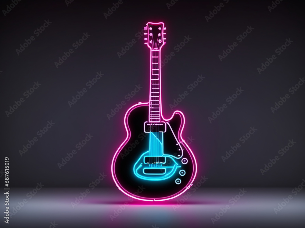 neon sign, neon icon of guitar minimalist design, neon light - obrazy, fototapety, plakaty 