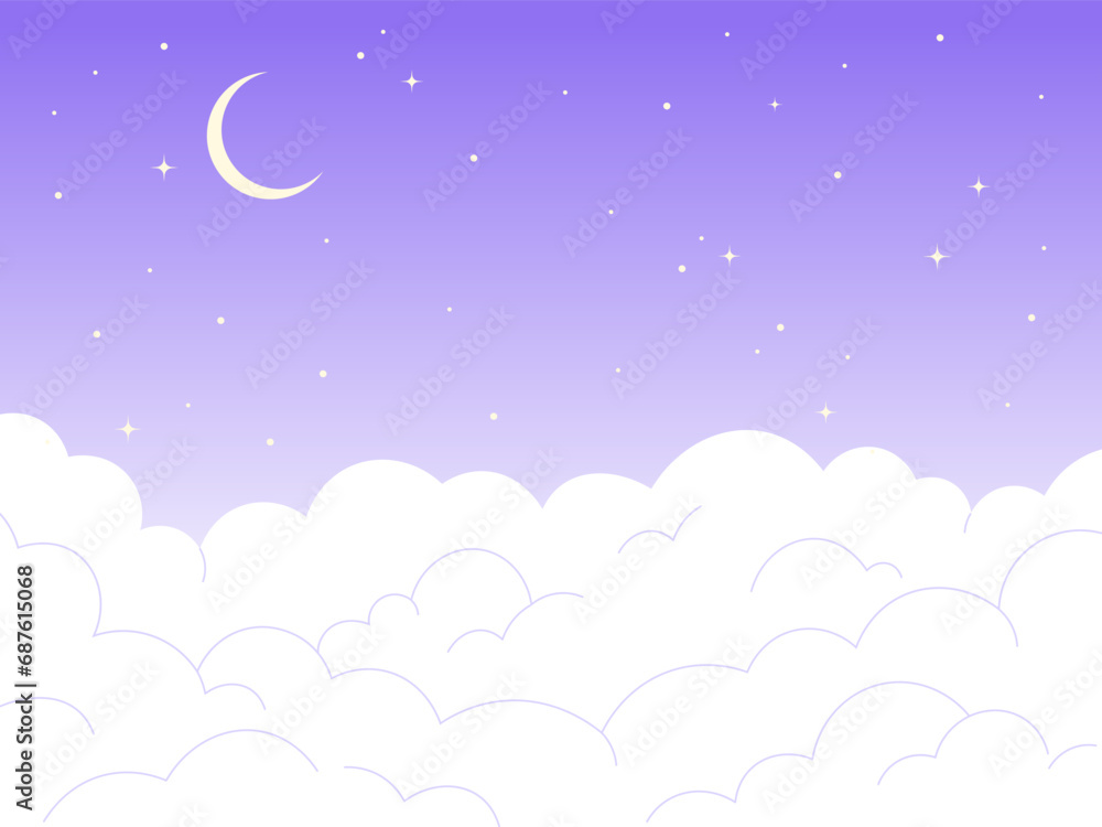 Night sky cartoon background. Evening landscape with crescent, shiny stars and clouds. Flat white cloud and moon, nature vector illustration