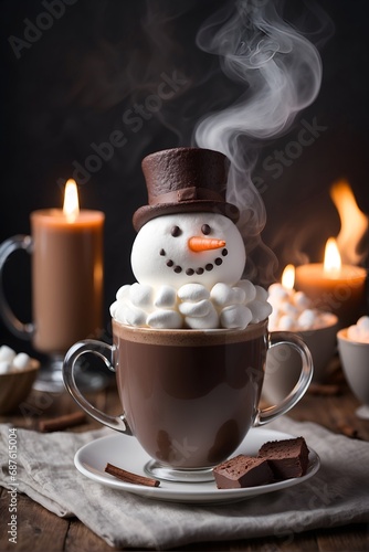 A steaming cup of hot chocolate, topped with a cream marshmallow snowman