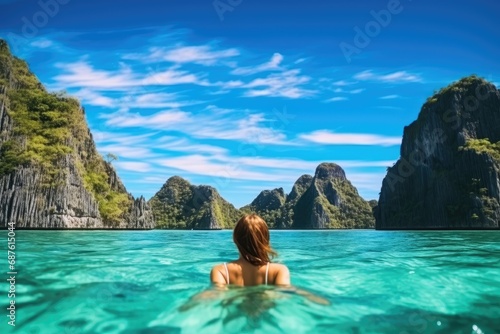 Young woman in luxury swimsuit relaxing in tropical lagoon, Ha Long bay, Vietnam, Young woman swimming in clear sea water in lagoon and looking at beautiful landscape. Travelling, AI Generated © Iftikhar alam
