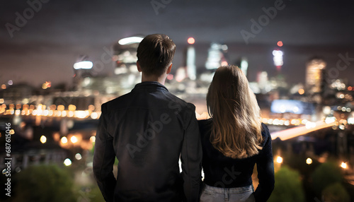 Wallpaper Mural Young adult couple standing in front of a night city landscape Torontodigital.ca
