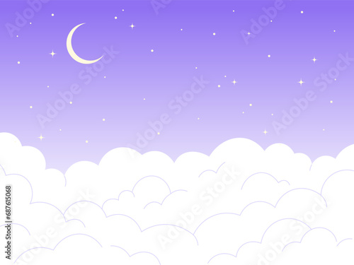 Night sky cartoon background. Evening landscape with crescent  shiny stars and clouds. Flat white cloud and moon  nature vector illustration