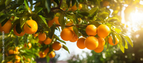 Fresh ripe oranges hanging on trees in orange garden