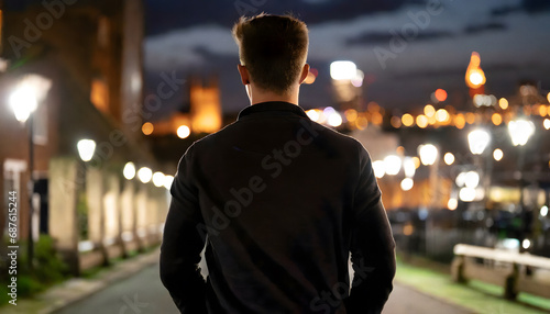 Young adult male standing in front of a night city landscape