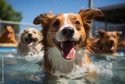 This heartwarming image captures the essence of a canine community, showcasing dogs engaging in play in a swimming pool, socializing, and enjoying a vibrant atmosphere. photo