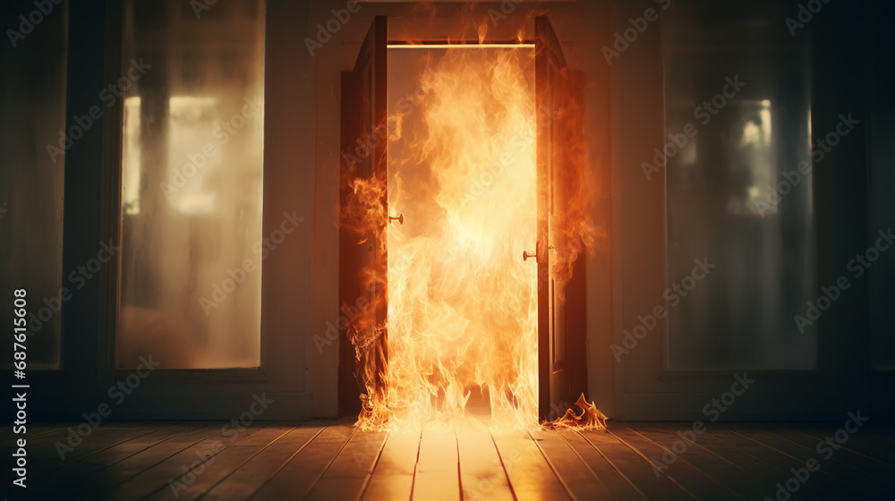 Corridor of a residential building in a flame of fire Corridor of a residential building in a flame of fire