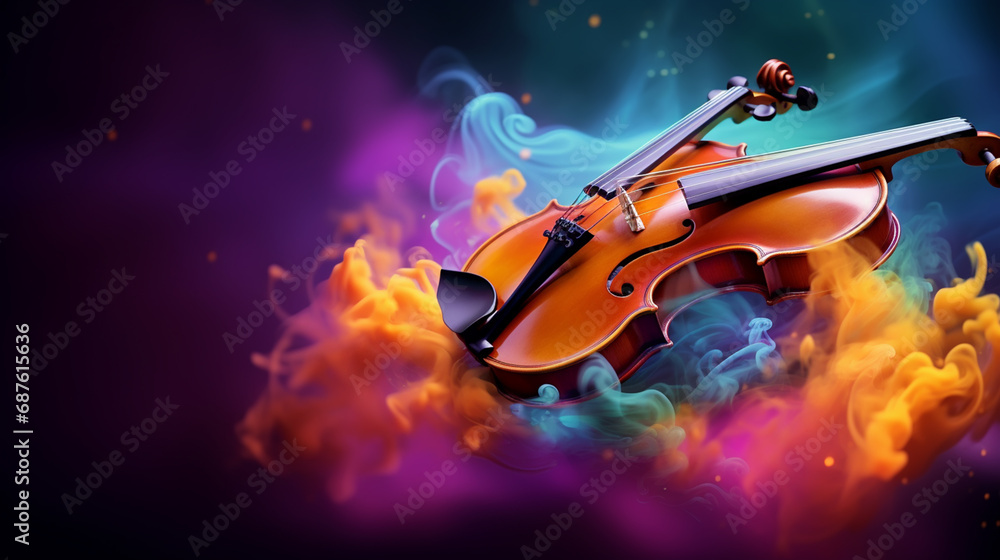 Violin in colorful powder explosion. Illustration of the violin enveloped in elements on black background.