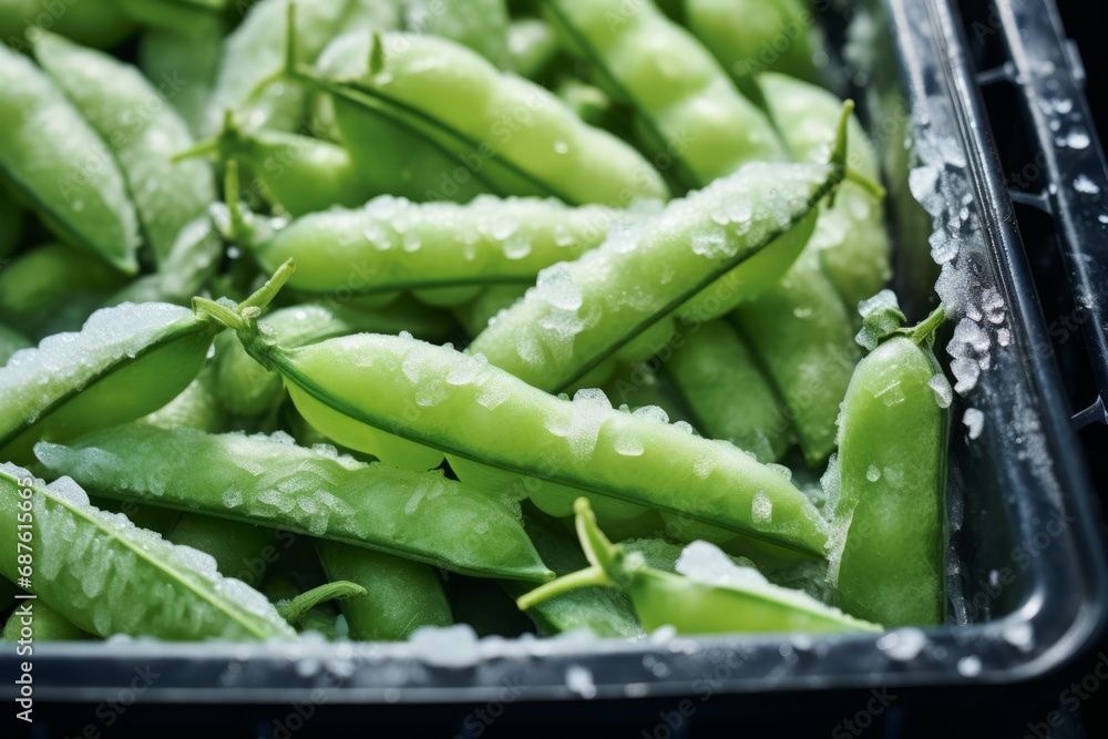 Melting frozen green peas, macro. Healthy food vegetables concept Melting frozen green peas, macro. Healthy food vegetables concept