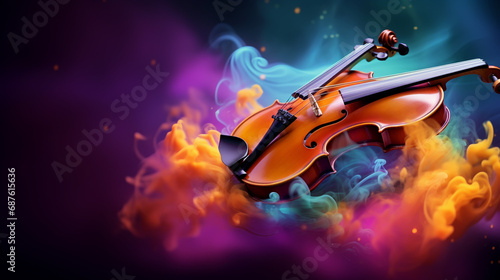 Violin in colorful powder explosion. Illustration of the violin enveloped in elements on black background. photo