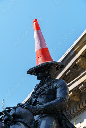 Duke of Wellington statue in Glasgow - close-up view with cone on head