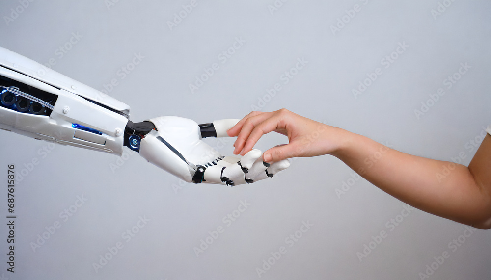Hybrid human and humanoid robot touch hands Hybrid human and humanoid robot touch hands