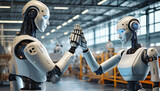 2 humanoid robots give high fives in factory