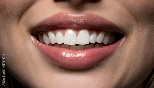 Open mouth, clean white teeth and glossy lips on smiling female face