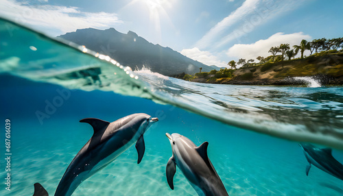 Split view of dolphins in tropical landscape © Tim Bird