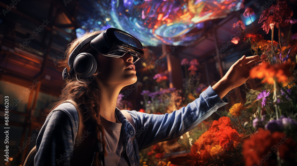 Person wearing VR glasses, linked to the metaverse. Integration into a digital reality of boundless possibilities Person wearing VR glasses, linked to the metaverse. Integration into a digital reality of boundless possibilities