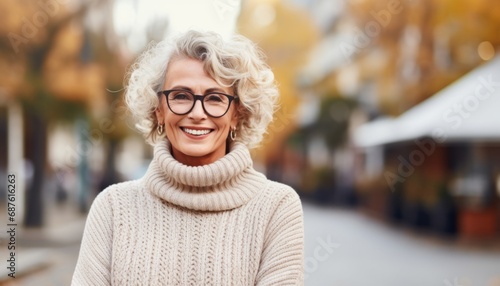 old age senior mature retired female woman well dress cloth looking at camera portrait shot profile positive smiling successful carefree attitude face expression street outdoor location background