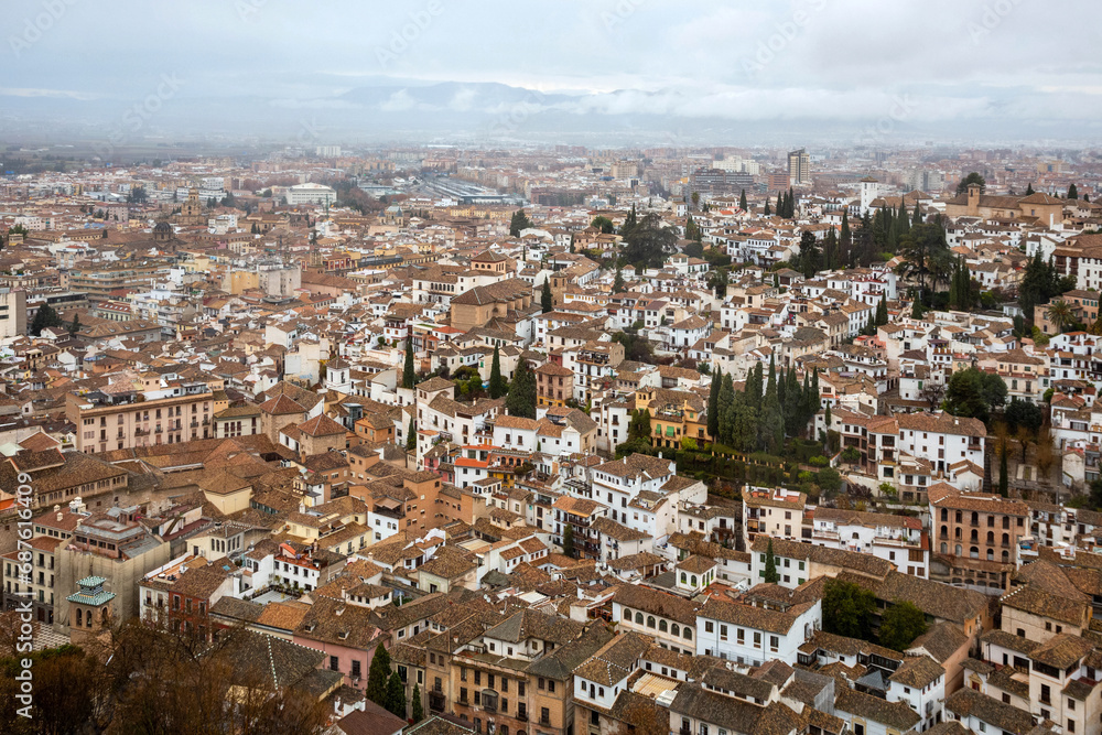 View of the city of Granada from the top of the hill where is the Alhambra Palace. Granada, Spain.