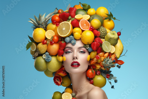 Woman with hair made of many fruits on blue background. Healthy lifestyle concept