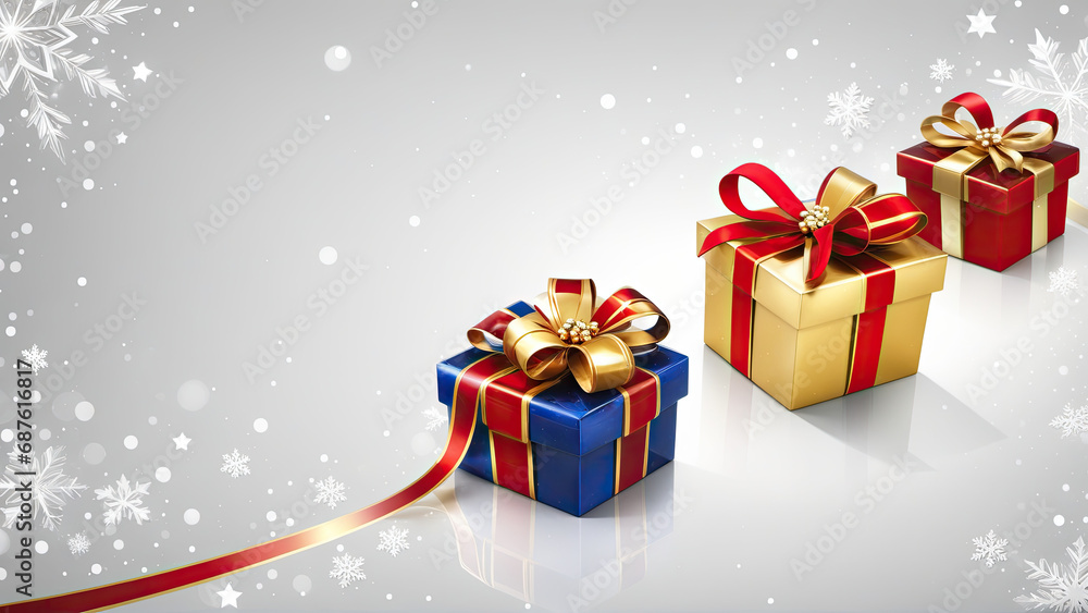 Three Festive Gifts Adorned with Red Ribbons and Snowflakes Three Festive Gifts Adorned with Red Ribbons and Snowflakes