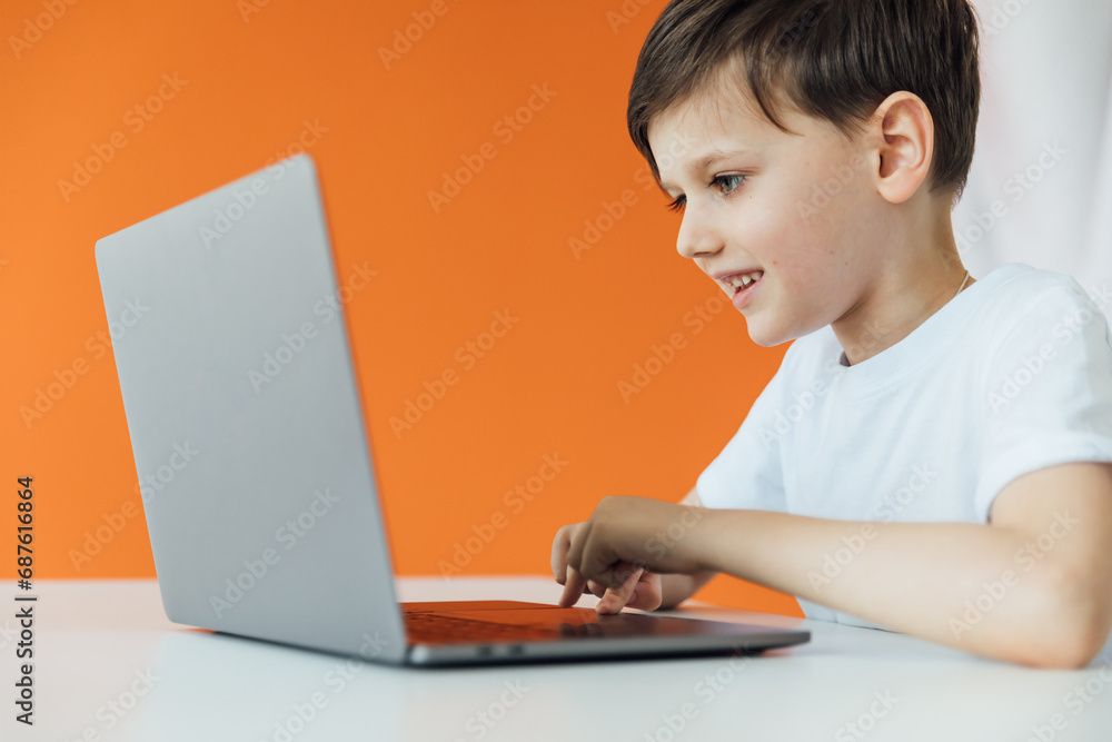 schoolboy studying at the computer homeschooling student education lessons boy online school in the classroom schoolboy studying at the computer homeschooling student education lessons boy online school in the classroom