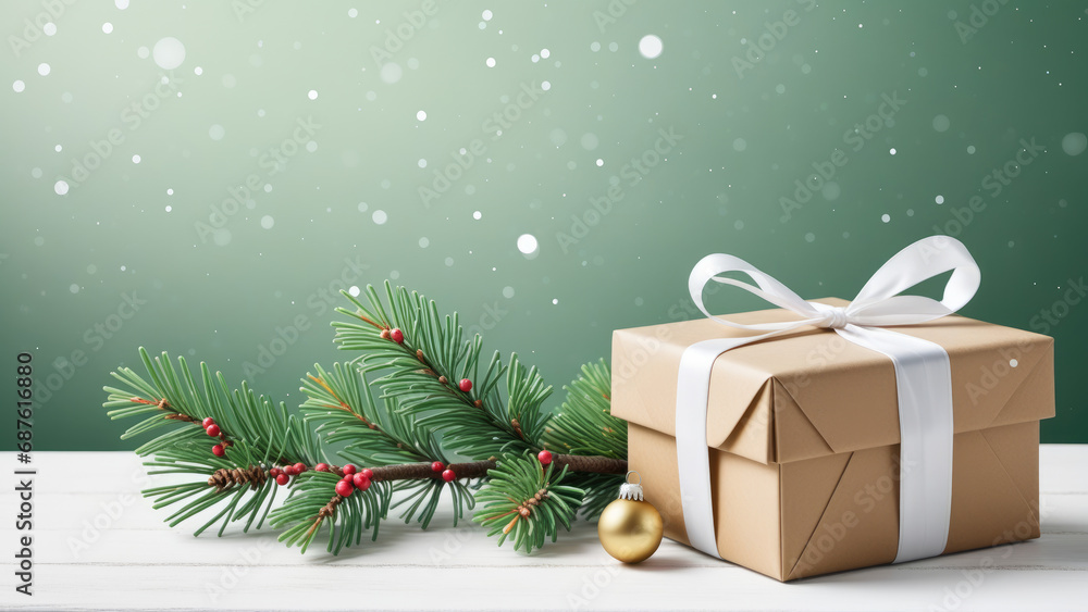 A Brown Box Tied with a White Ribbon, Adorned with a Christmas Tree Branch A Brown Box Tied with a White Ribbon, Adorned with a Christmas Tree Branch