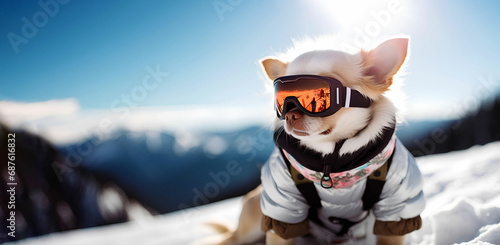 chihuahua dog wearing ski suit and goggles in the snow, dog skiing, snow vacation concept, winter activities photo