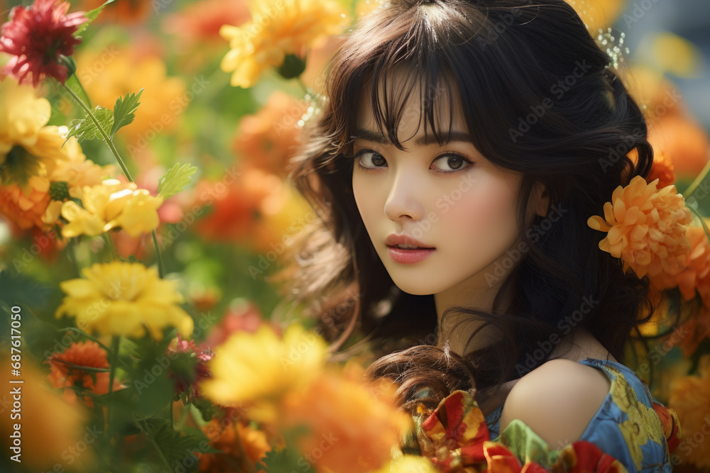 Portrait of a beautiful young asian woman in a field of flowers