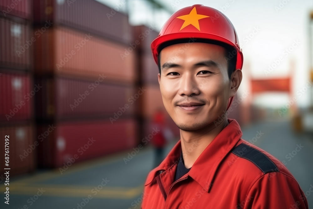 Portrait chinese worker young man in uniform working on cargo warehouse of port. Concept China industry logistic of Asia Portrait chinese worker young man in uniform working on cargo warehouse of port. Concept China industry logistic of Asia