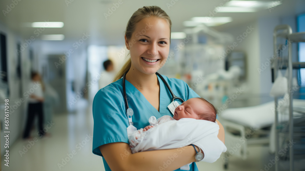custom made wallpaper toronto digitalObstetrician smile woman holding newborn baby in clinic, blurred background. Midwife doctor for help pregnancy