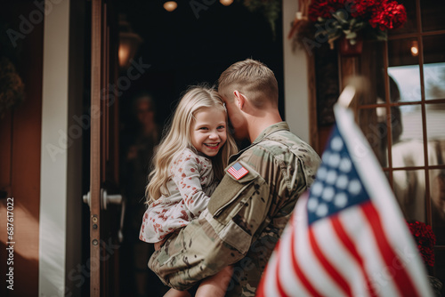 Soldier returning home after military mission of war. Emotional family reunion, baby girl daughter hugging soldier man dad