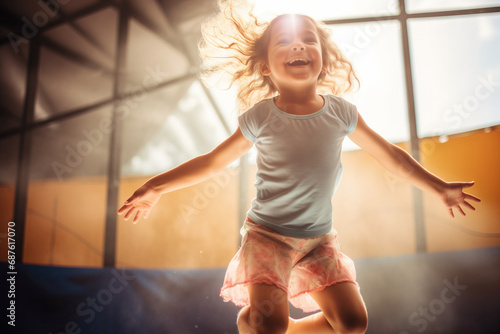 Happy little child enjoys jumping on trampoline in sport jump park, sunlight