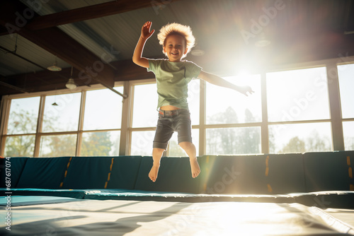 Happy little child enjoys jumping on trampoline in sport jump park  sunlight