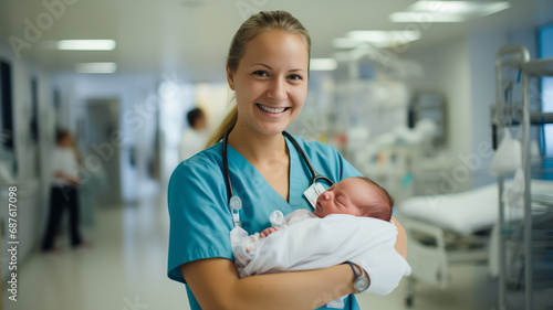 Obstetrician smile woman holding newborn baby in clinic, blurred background. Midwife doctor for help pregnancy photo