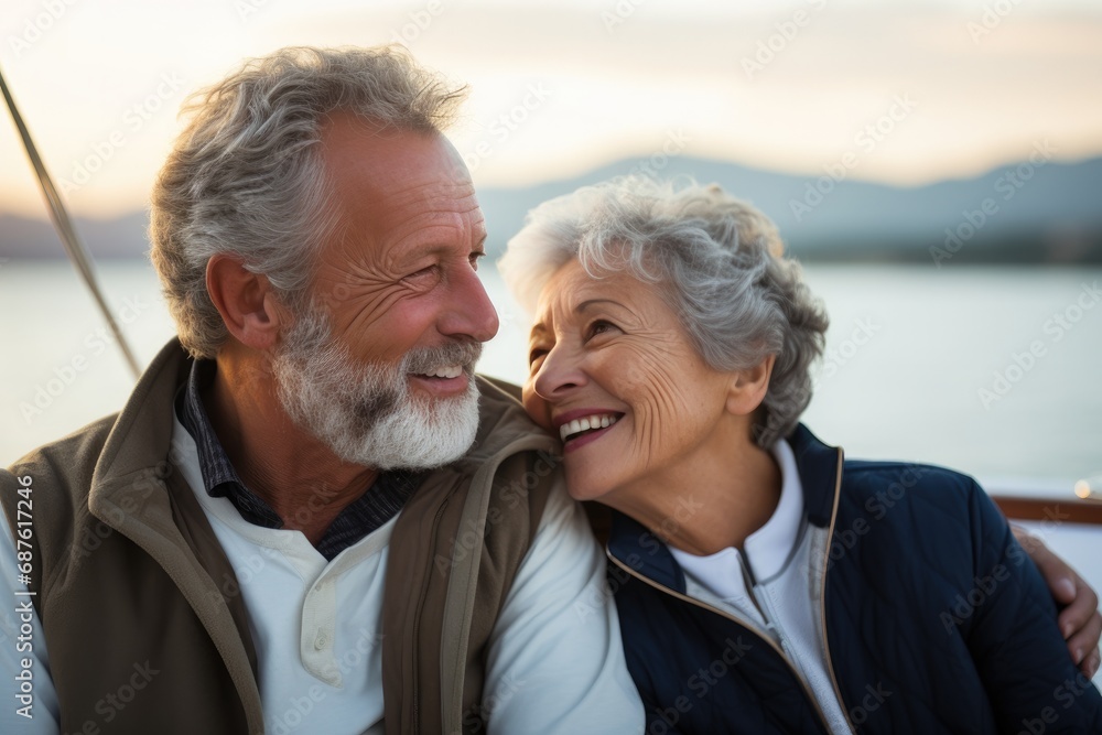 Happy elderly couple outdoors hugging, smiling and enjoying nature together. Happy elderly couple outdoors hugging, smiling and enjoying nature together.